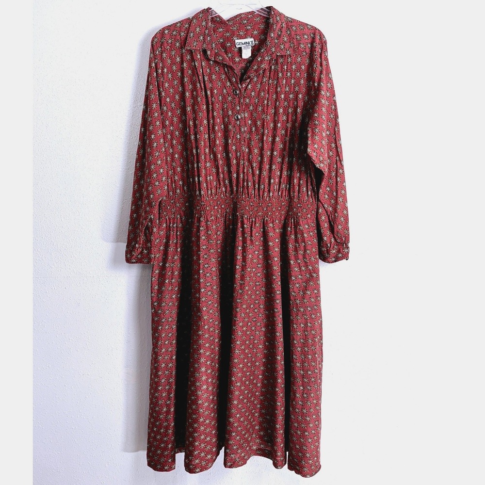 Vintage Gemini II Red Geometric Cotton Smocked Waist Womens Midi Dress Size 24